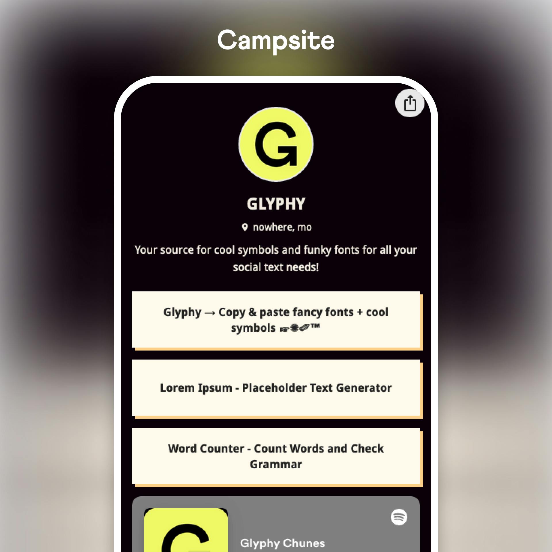 Campsite.bio link in bio tool example profile on a mobile device