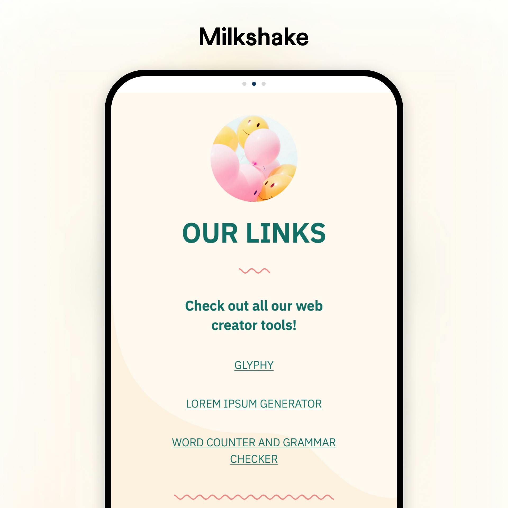 Milkshake link in bio tool example profile on a mobile device