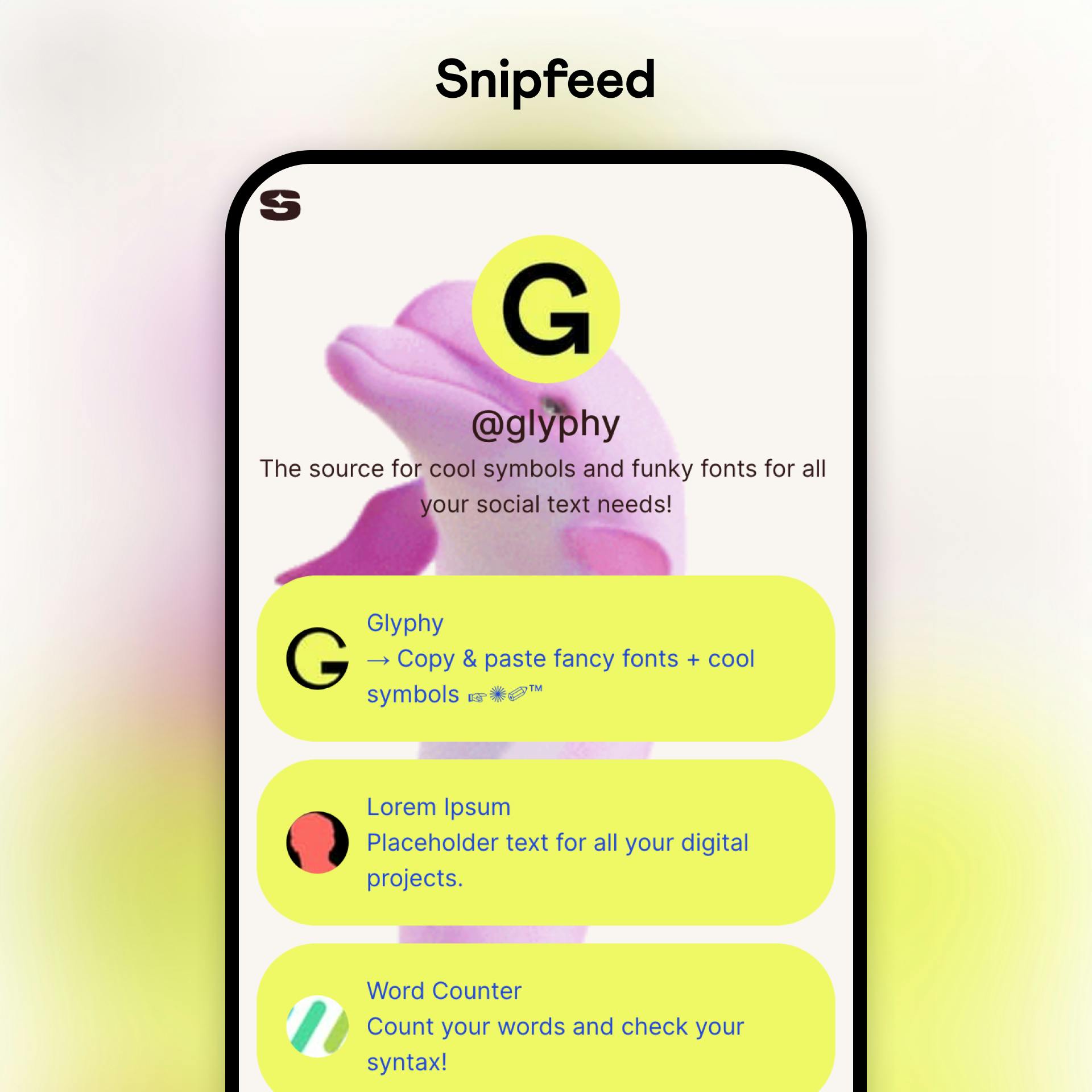 Snipfeed link in bio tool example profile on a mobile device