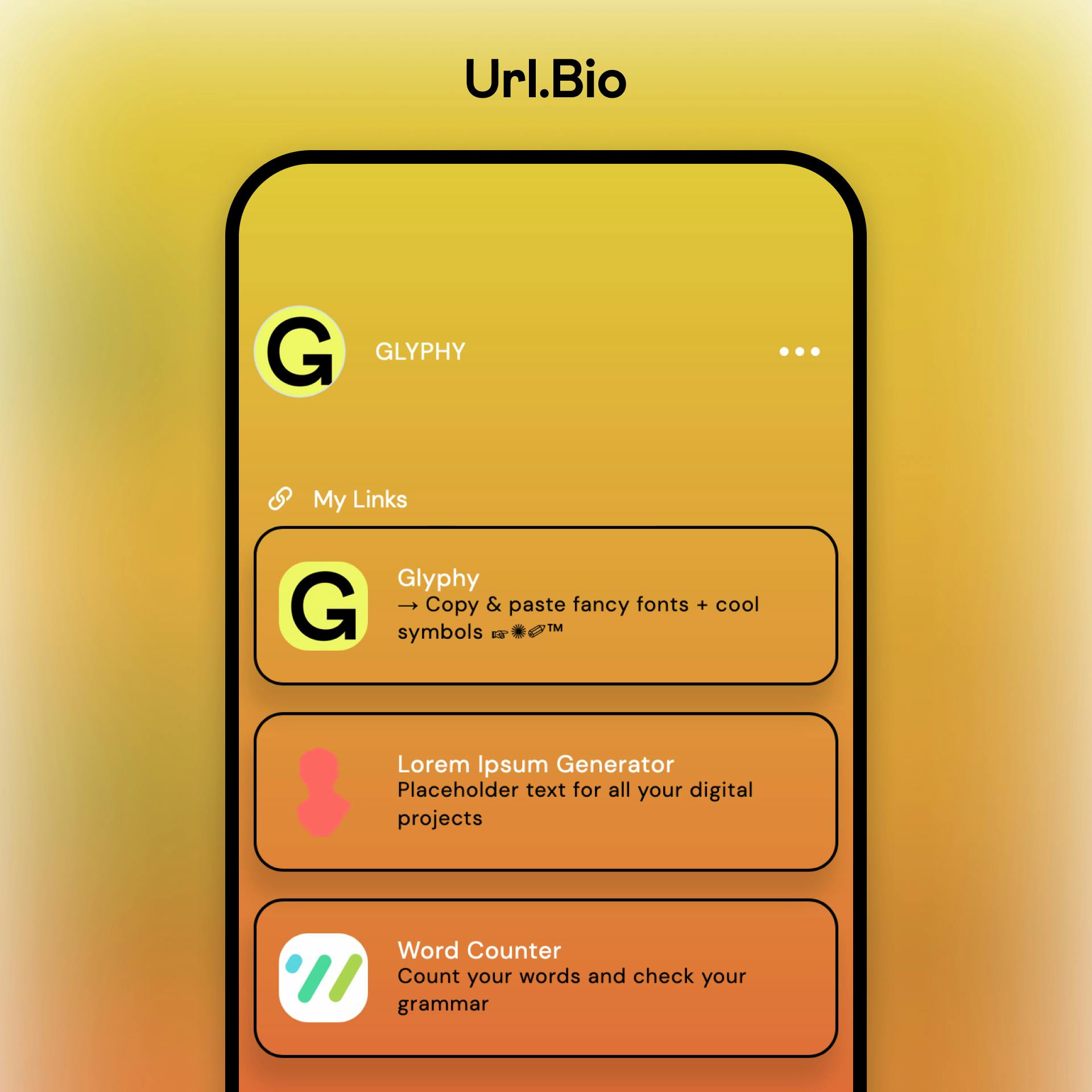 Url.Bio example profile on a mobile device