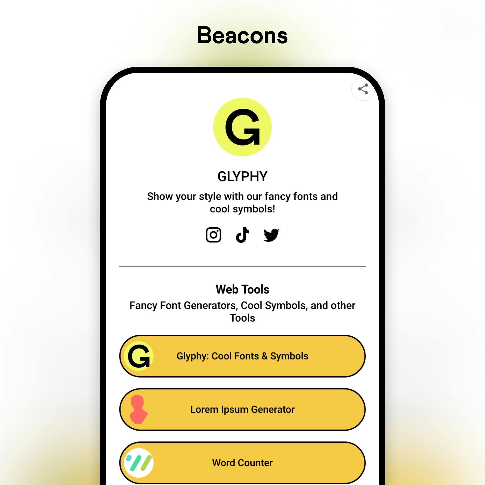 Beacons link in bio tool example profile on a mobile device