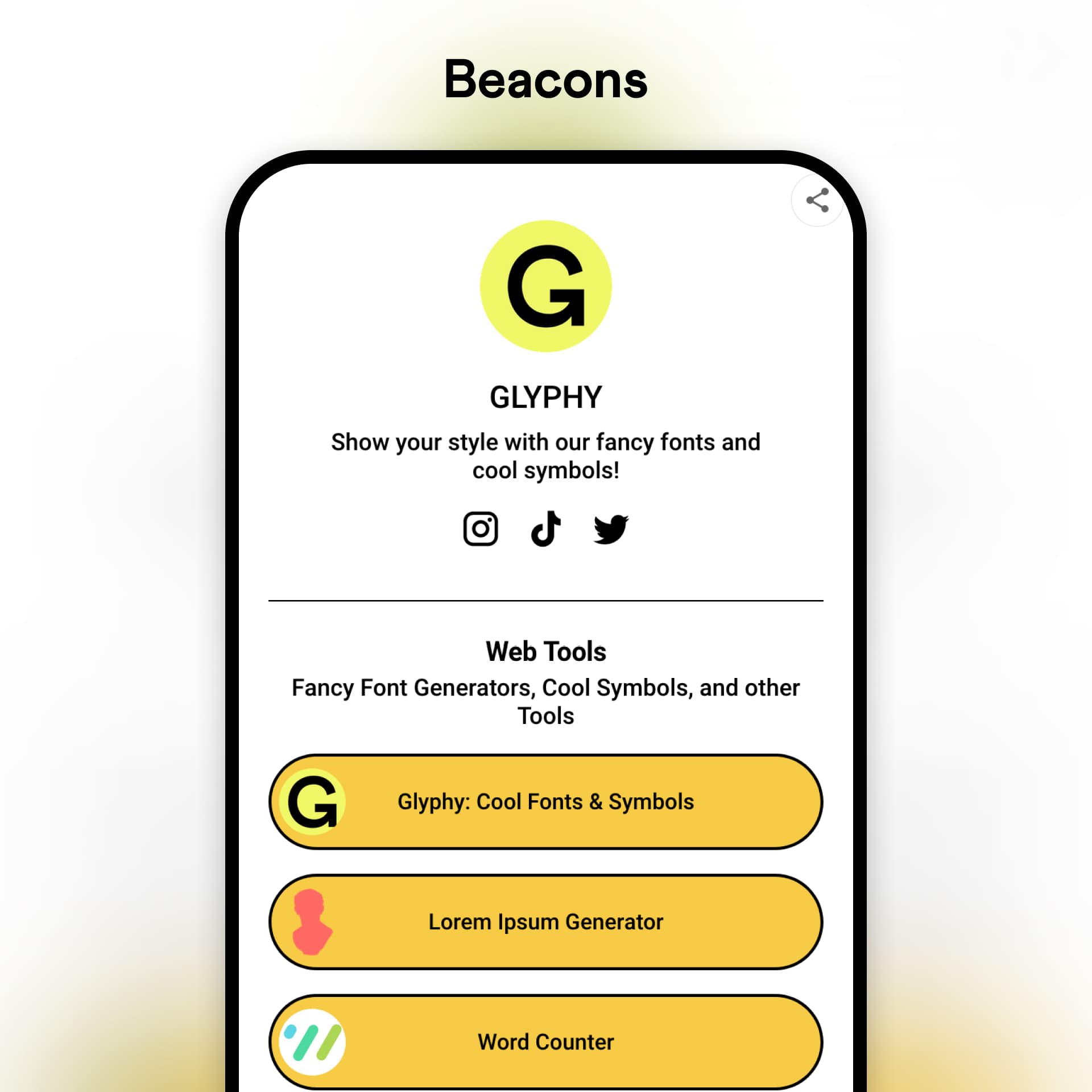 Beacons link in bio tool example profile on a mobile device