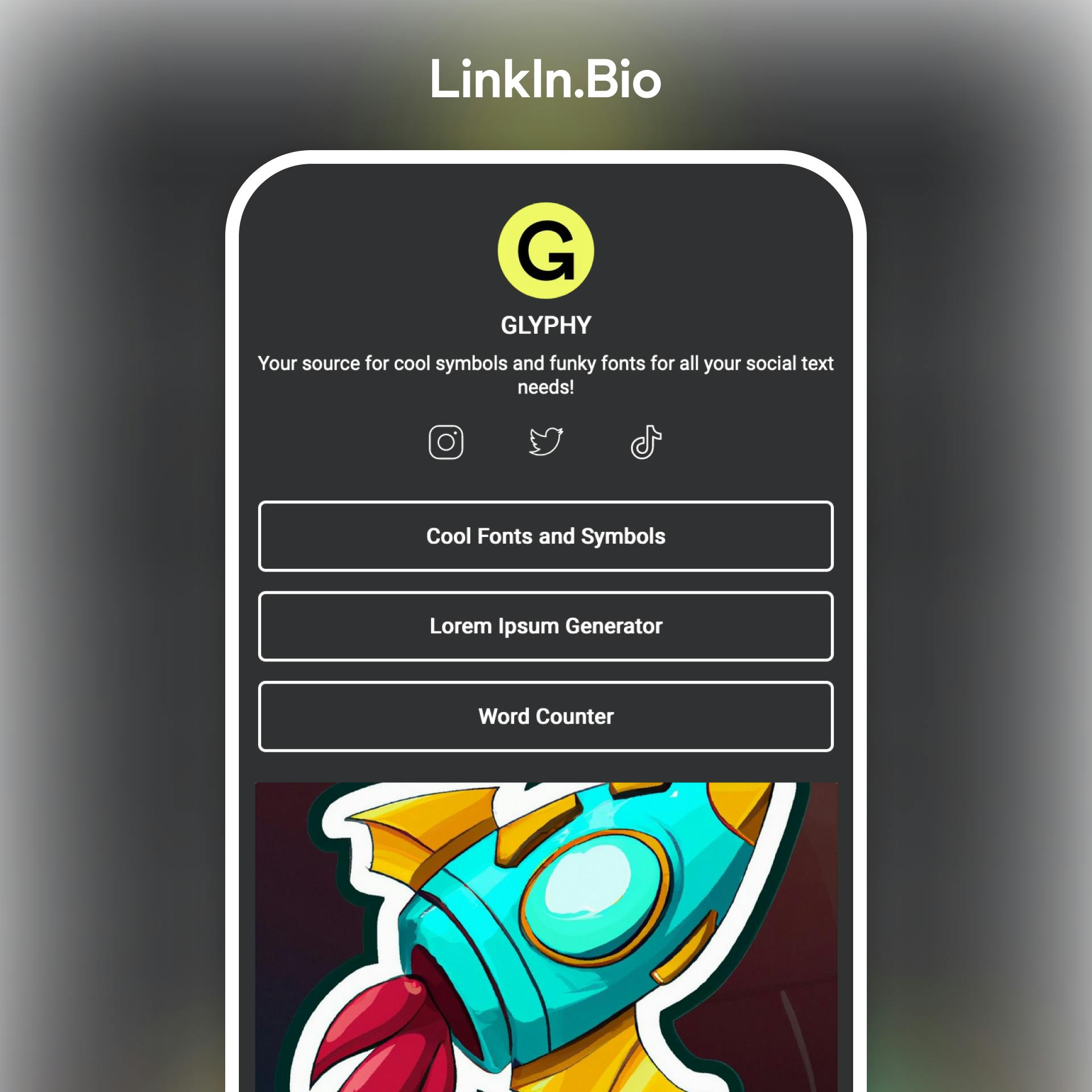 LinkIn.Bio link in bio tool example profile on a mobile device