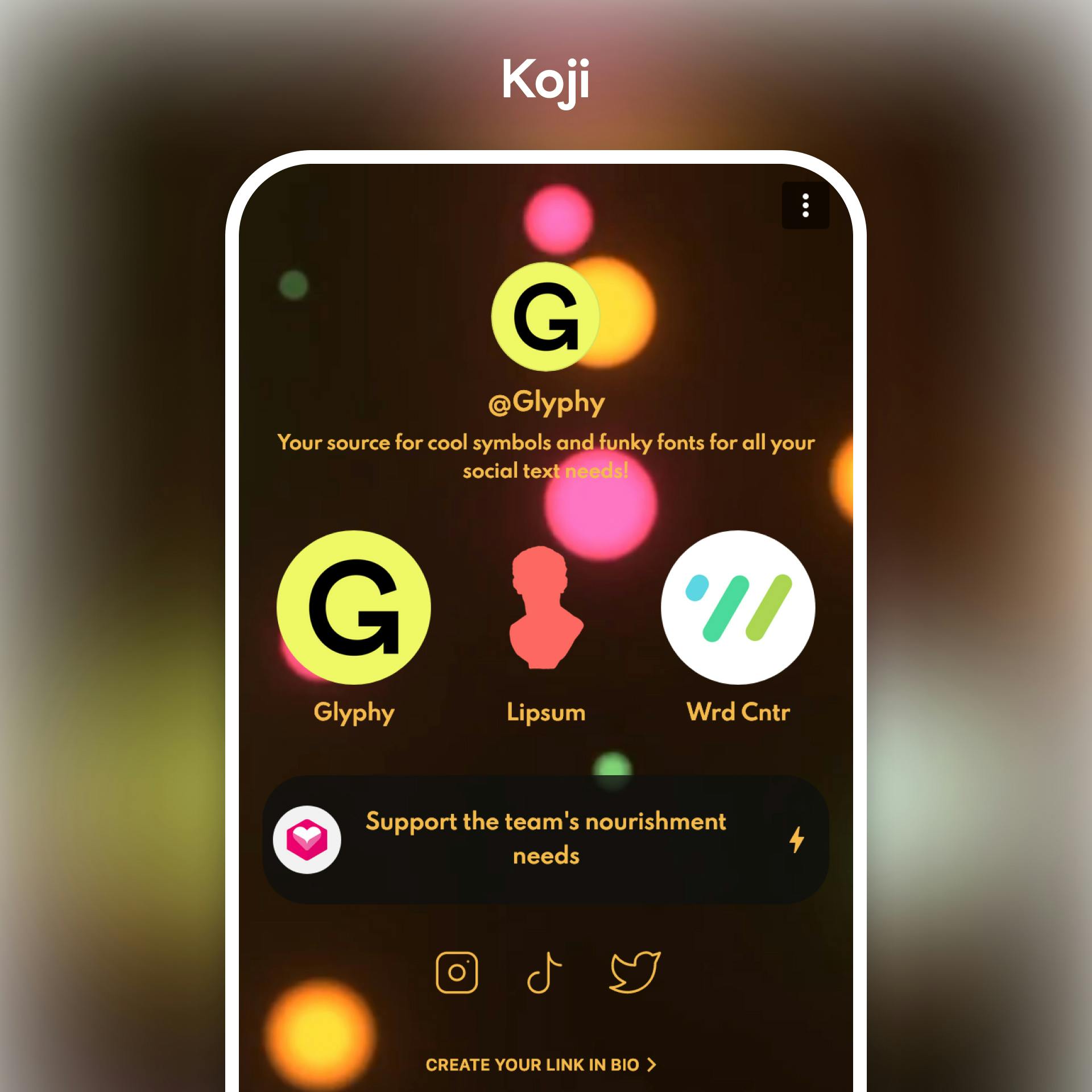 Koji link in bio tool example profile on a mobile device