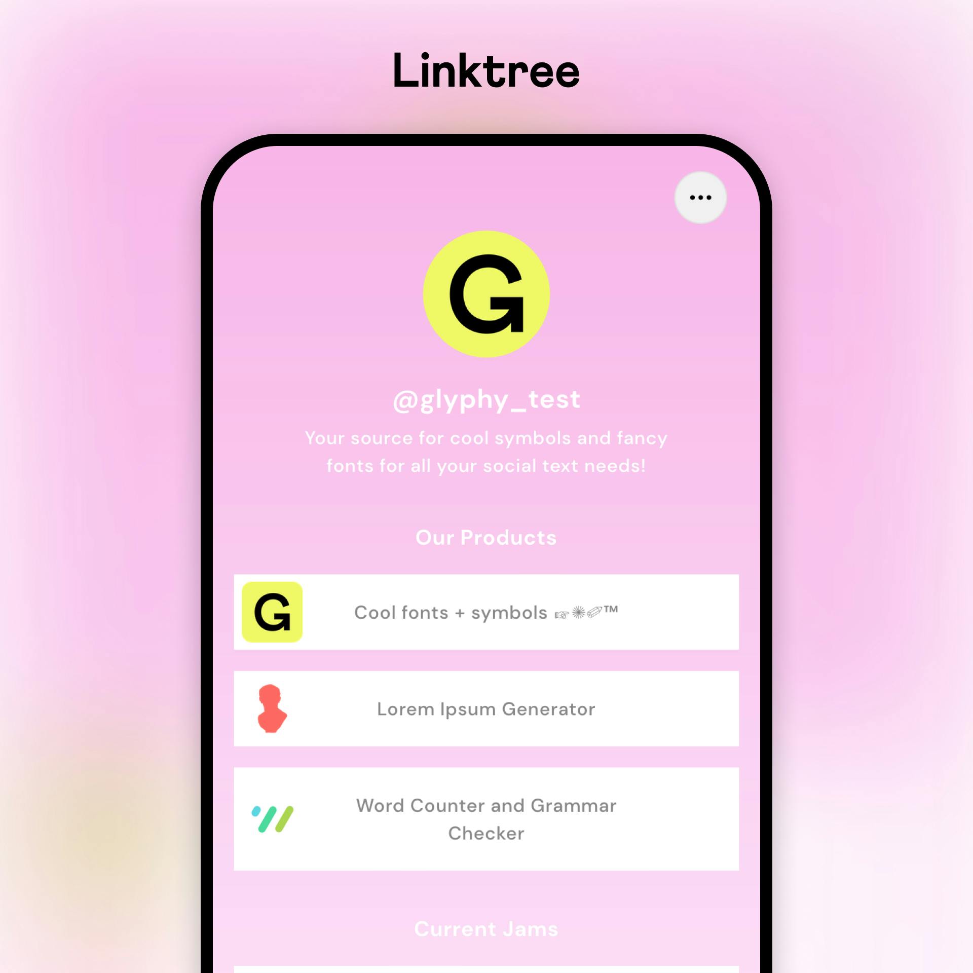 Linktree example profile on a mobile device