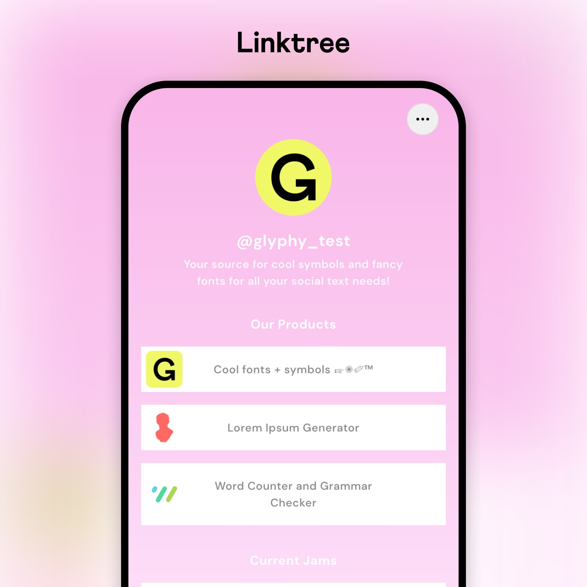 Linktree example profile on a mobile device