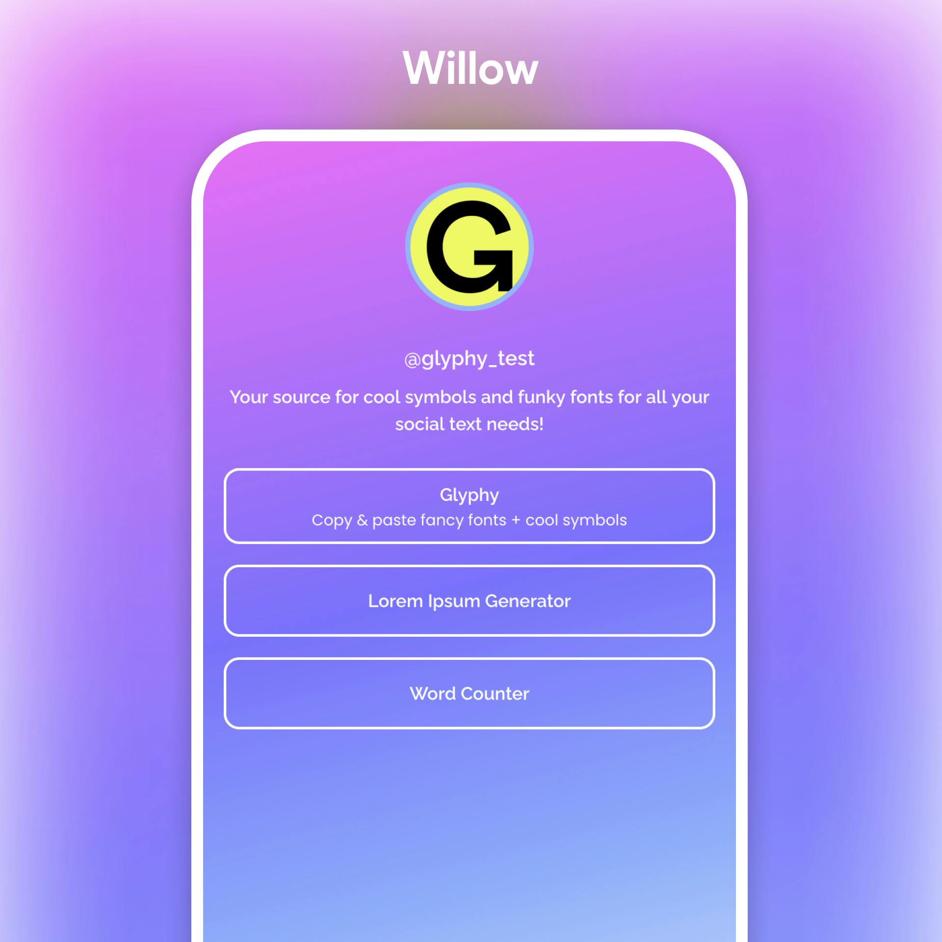 Willow link in bio tool example profile on a mobile device