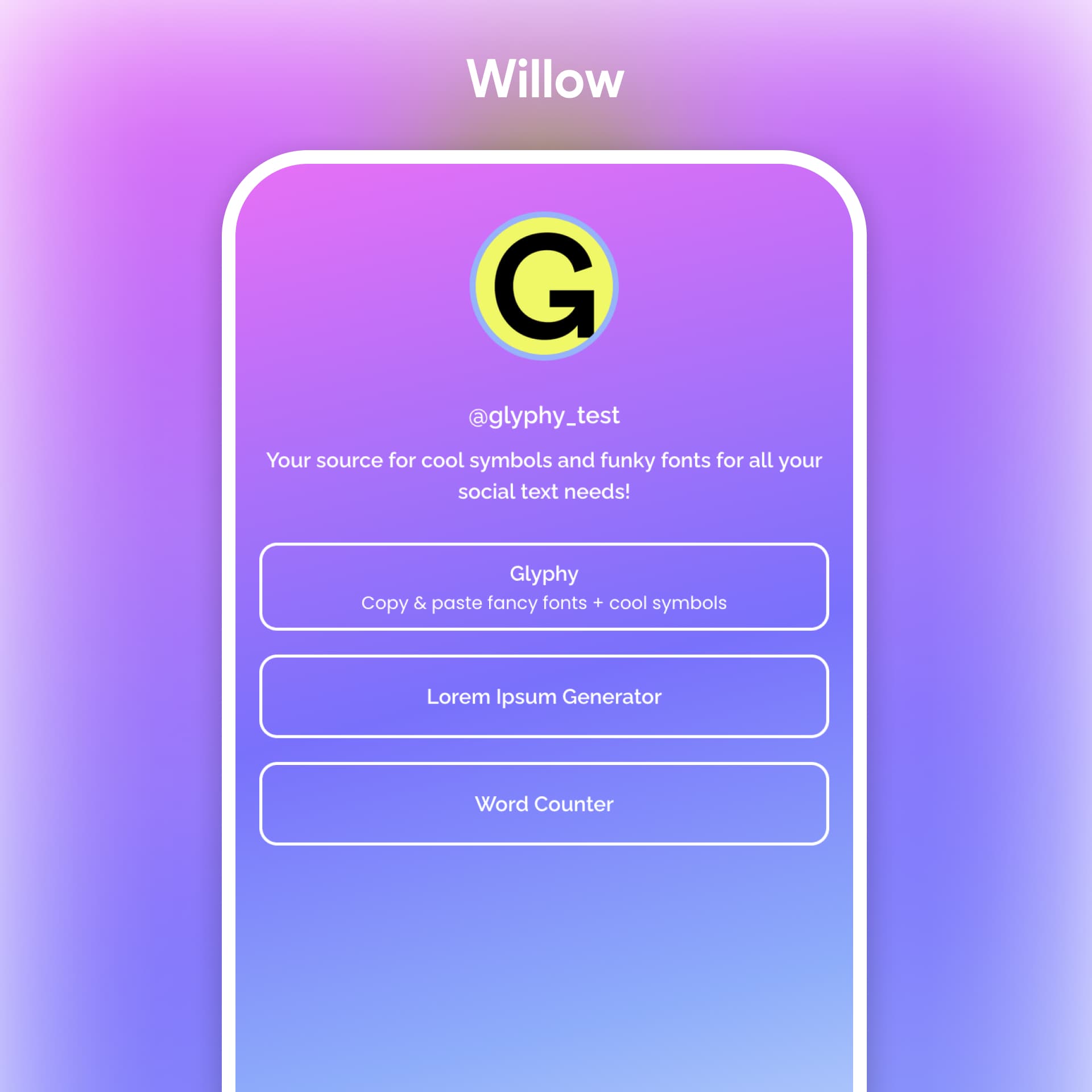 Willow link in bio tool example profile on a mobile device