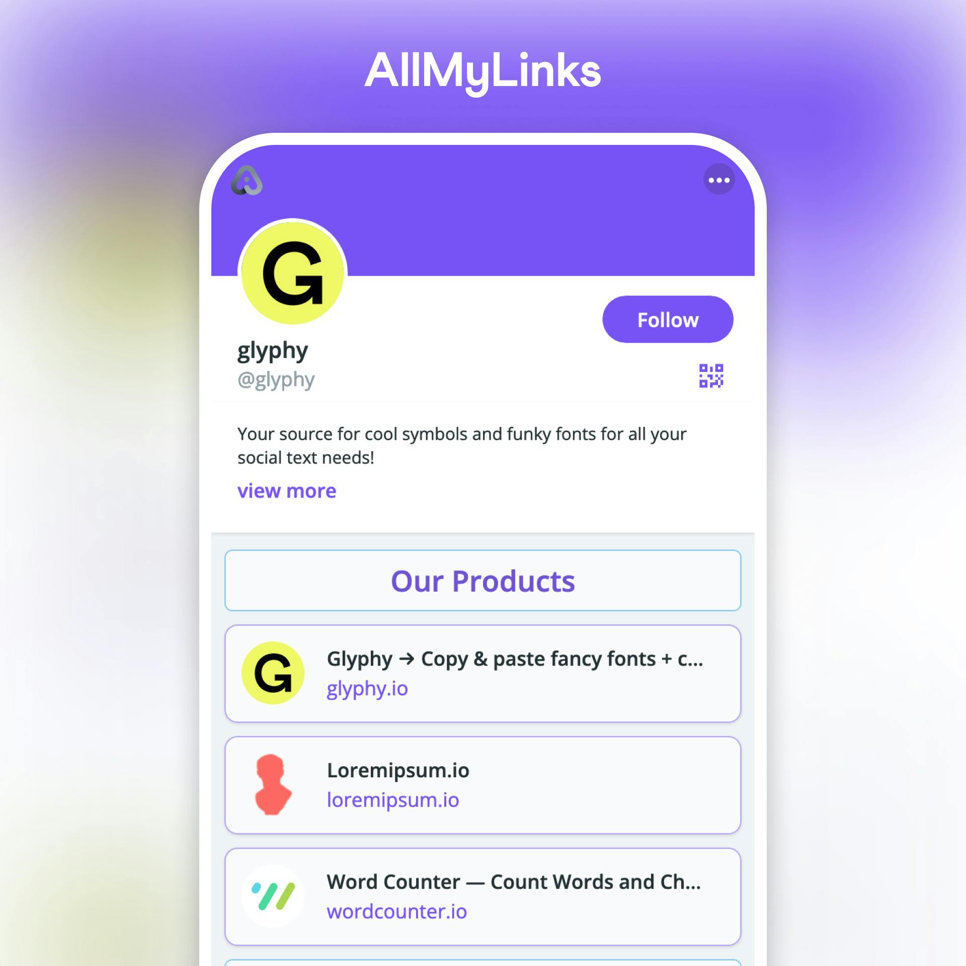 AllMyLinks example profile on a mobile device