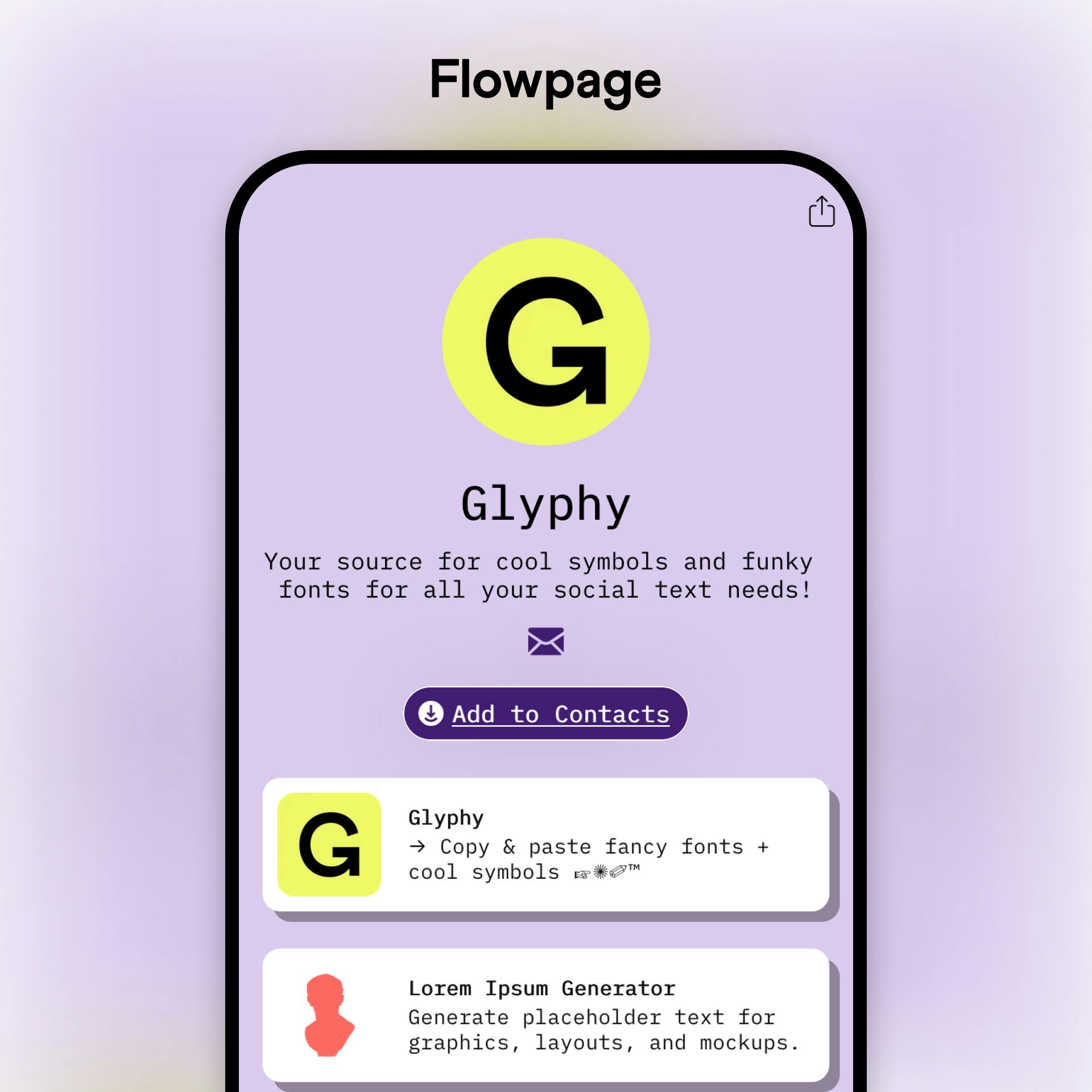 Flowpage link in bio tool example profile on a mobile device