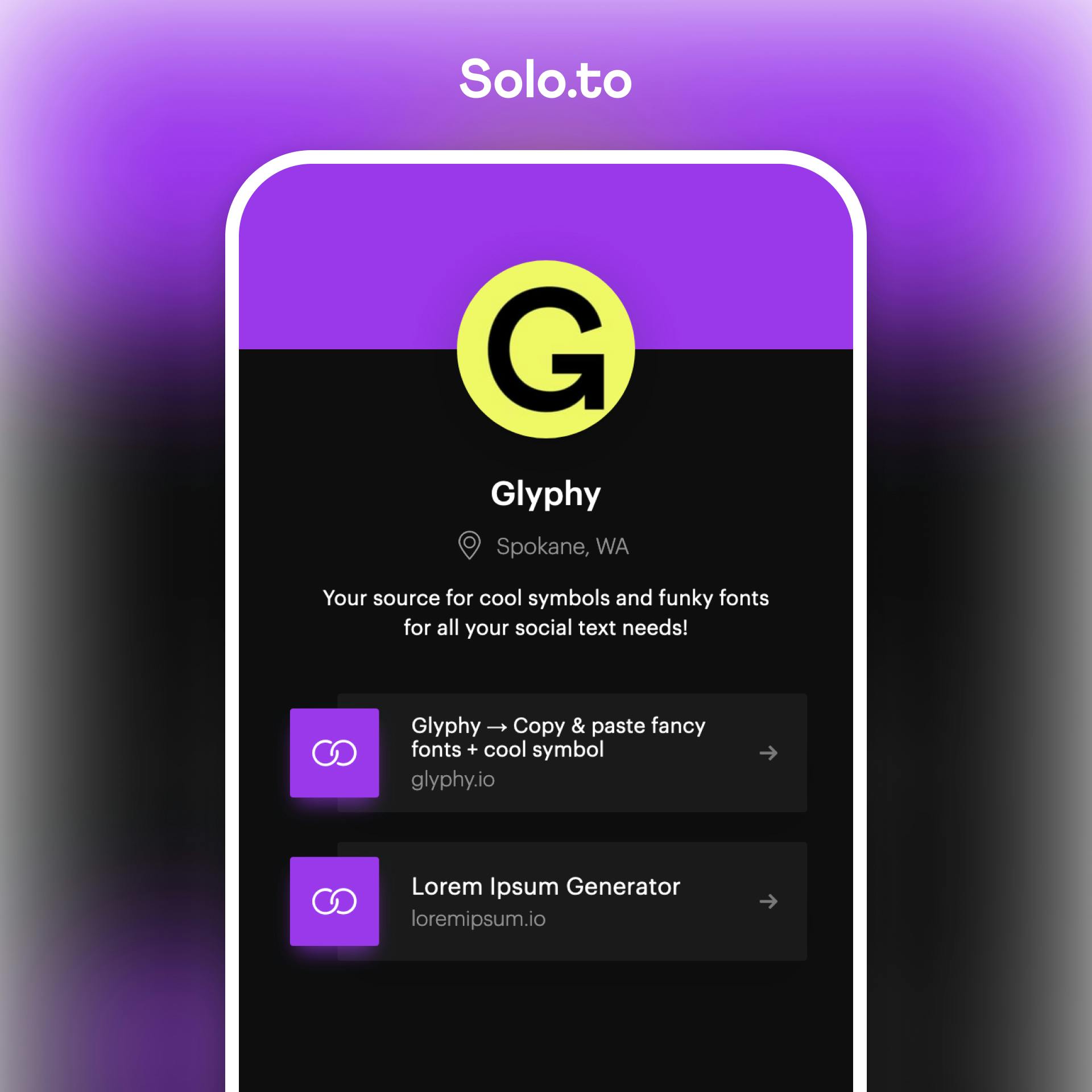 solo.to link in bio tool example profile on a mobile device
